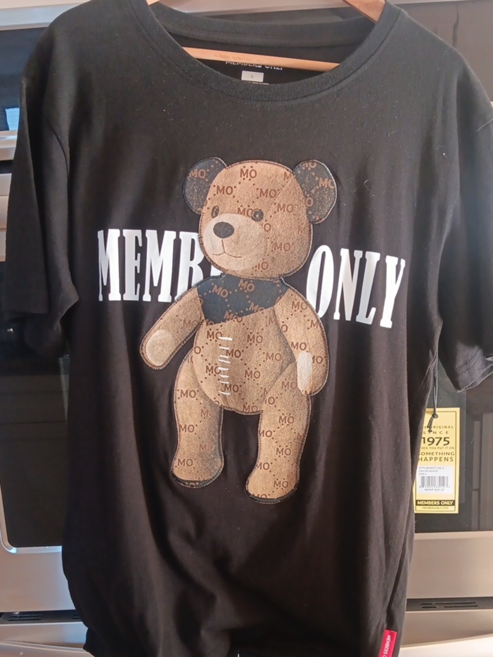 Members Only Black Tee with Brown Teddy Appliqué and White Logo